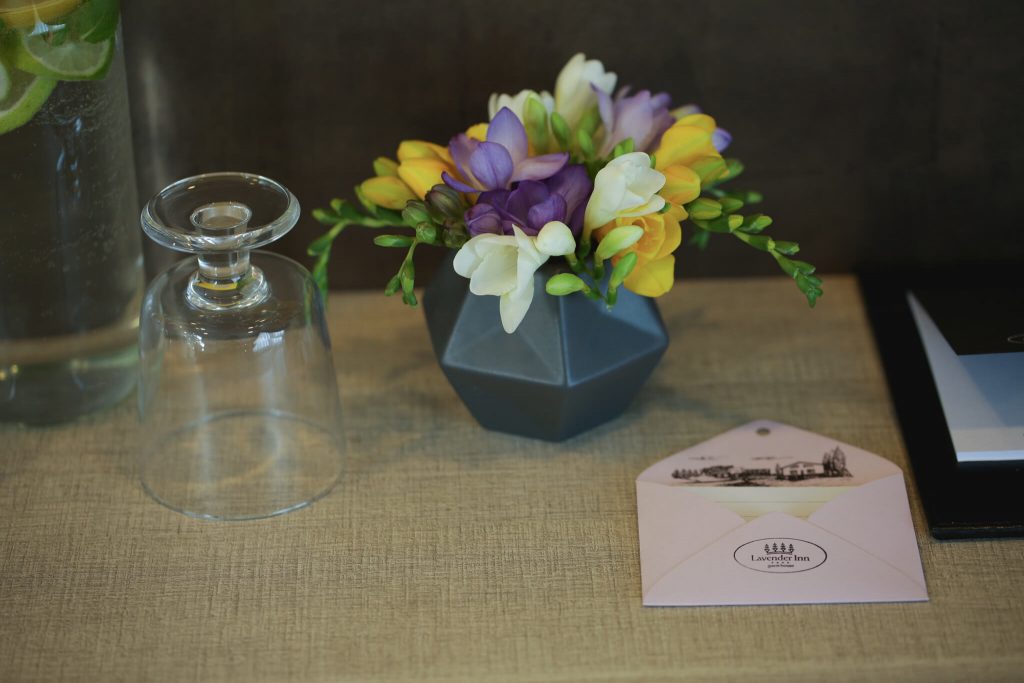 "Lavender Inn" Piet Mondrian įkvėpto dizaino svečių kambarys